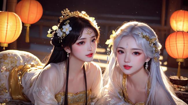 古风双姝映灯笼，汉服华裳柔光醉