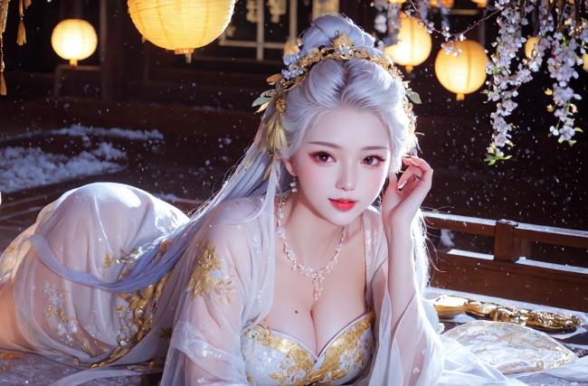 雪夜灯笼下的银发仕女写真