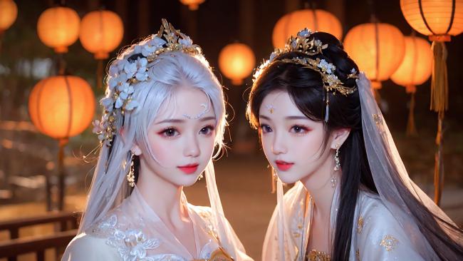 古风双姝灯笼夜景写真