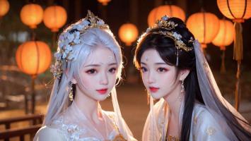 古风双姝灯笼夜景写真