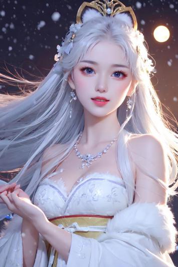 银发仙子雪夜月下写真