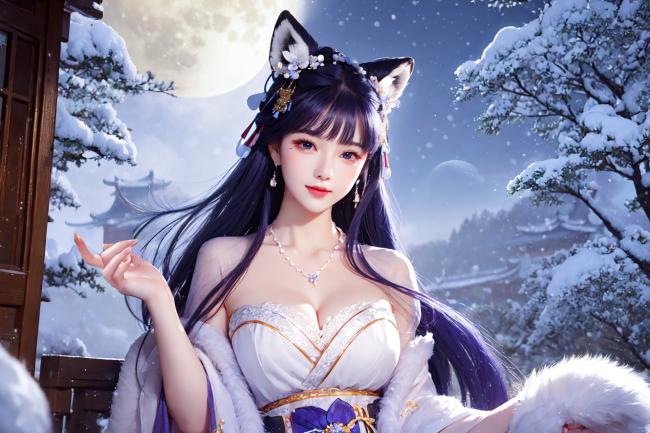 雪夜狐耳少女汉服插画