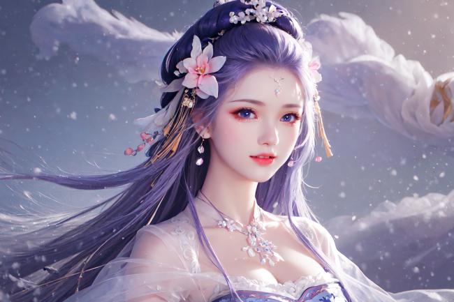 紫发仙子飘雪舞，仙侠玄幻风唯美插画