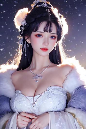 一位身着白色刺绣汉服的古风仕女，头戴繁复花饰与毛绒发冠，颈间佩戴水晶吊坠项链，肩