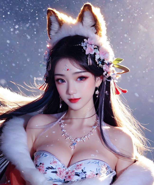 雪中狐耳汉服少女仙气写真