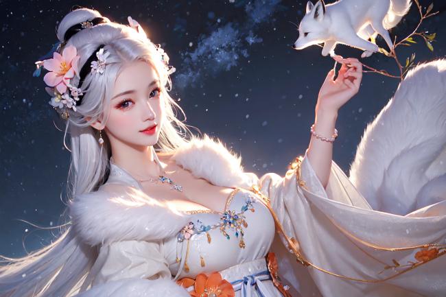 银发仙子与白狐共舞星雪夜