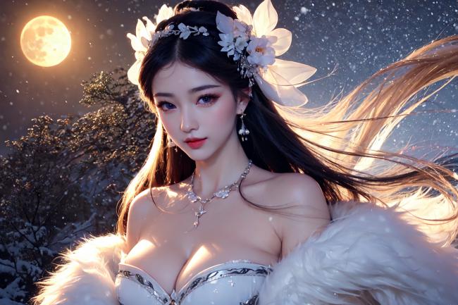 月夜雪中仙子，羽衣飘飘如梦似幻