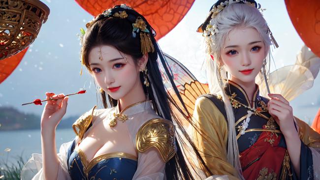 古风仙子持扇对望，水墨动漫唯美场景