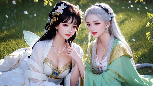 古风仙子并肩坐于春日草地，衣袂翩跹如梦似幻