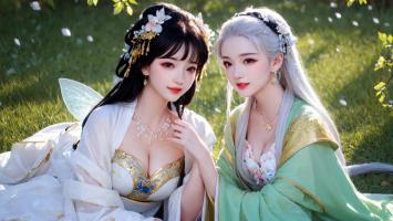 古风仙子并肩坐于春日草地，衣袂翩跹如梦似幻