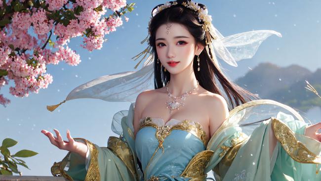 古风仙子樱花下，汉服飘逸如梦行