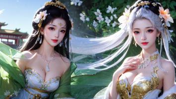 仙侠双姝古风写真：黑发碧裙与银发金裳并肩而立