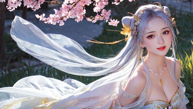 银发仙子樱花下，汉服飘逸如梦来