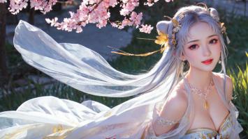 银发仙子樱花下，汉服飘逸如梦来