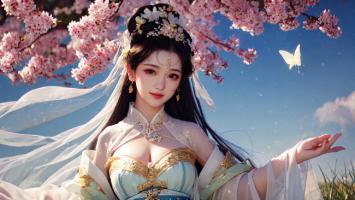 樱花下的汉服美人，蝴蝶翩跹如梦境