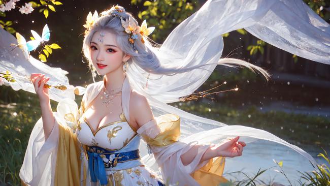 银发仙子舞蝶影，古风汉服映春光