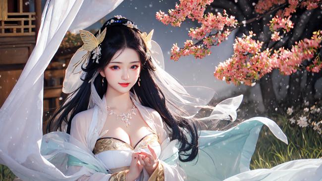 樱花飞舞中的古风美人，仙气缭绕汉服写真