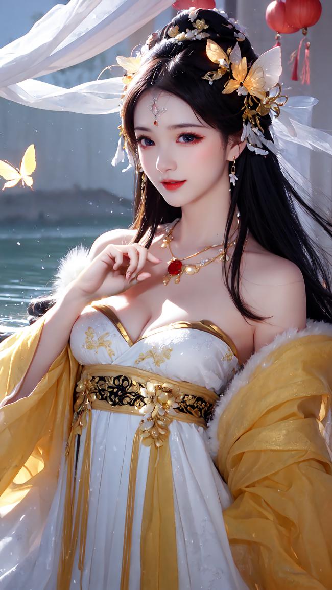 古风仕女汉服写真，蝶影翩跹水畔间