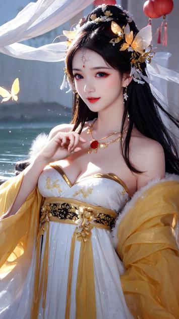 古风仕女汉服写真，蝶影翩跹水畔间