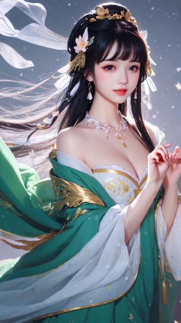 仙侠绿裙少女，飘雪光影中的东方神韵