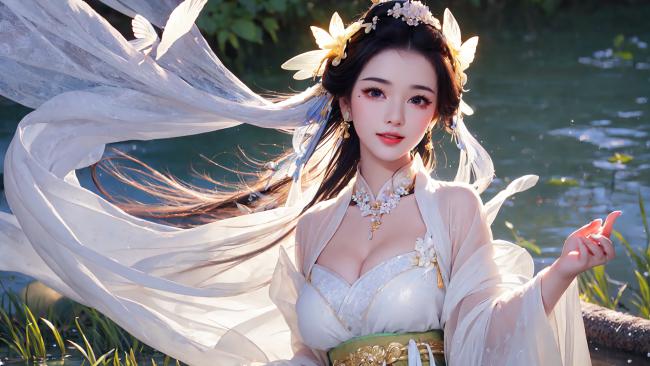 古风仙子水畔飞纱图