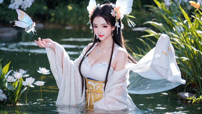 古风仙女池中抚蝶，汉服飘逸如诗