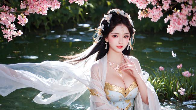 樱花池畔汉服美人写真图