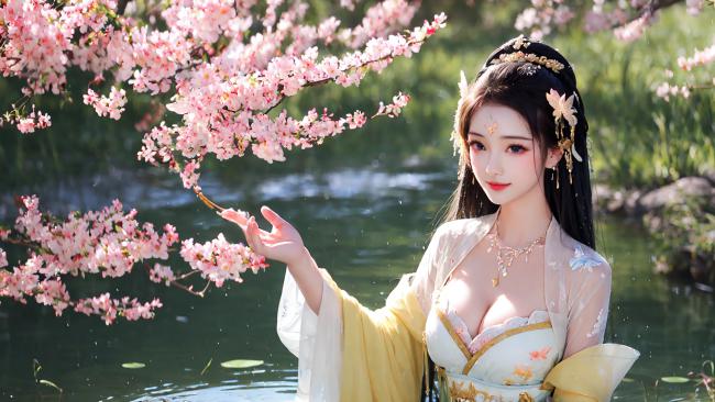 樱花池畔汉服少女写真高清图