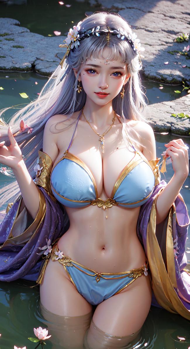 仙子浴池花影图：古风美人水畔写真