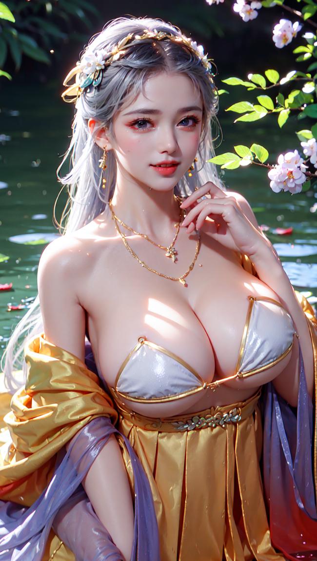 银发仙子樱花池畔写真，华服柔光尽显东方神韵