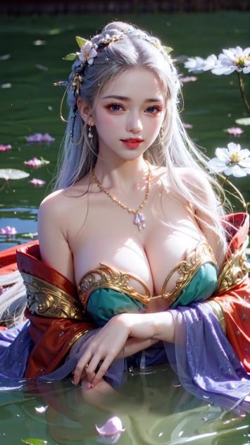 银发仙子浴莲池，古风写真如画卷