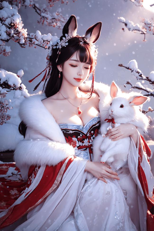 雪中狐耳少女怀抱白兔汉服写真