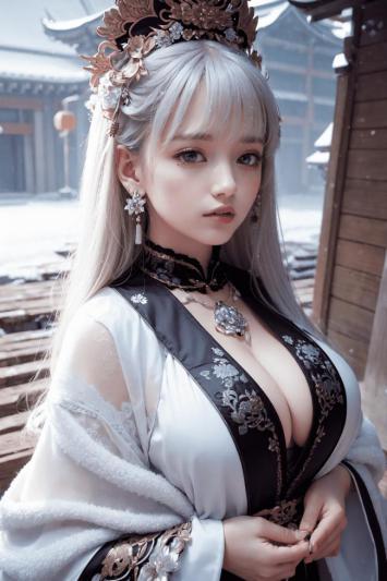 银发汉服仕女雪中庭院写真