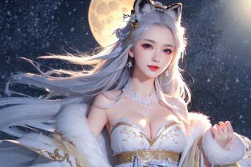 银发狐耳少女雪夜月下立绘