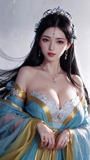 古风仕女写真：蓝金华服配花冠，柔光下的绝美神韵