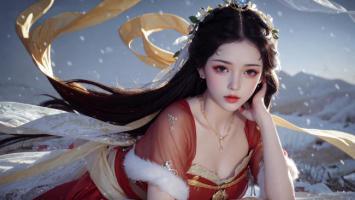 雪中红衣古风仕女写真图