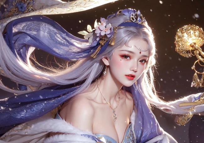 银发仙子持灯雪中舞，工笔重彩古风美图