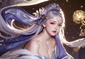 银发仙子持灯雪中舞，工笔重彩古风美图