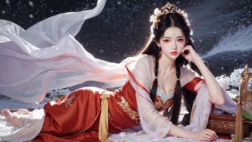 雪夜汉服美人静卧图