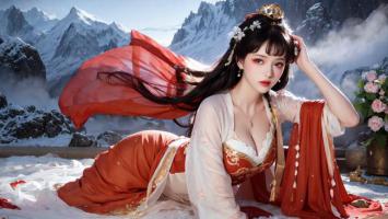 雪山红裙仙子写真图