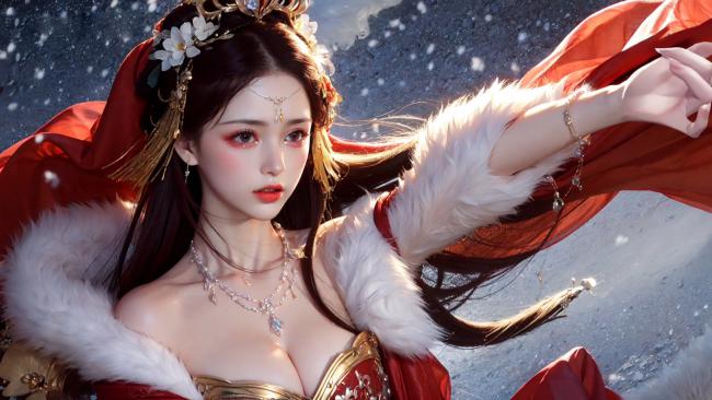 雪中仙姬红裳飘逸图