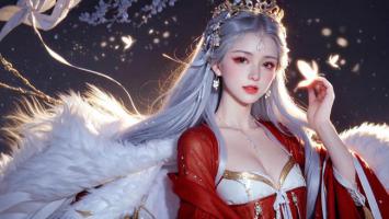 银发仙子持蝶立于樱雨夜空