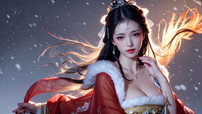雪中古风仕女，红衣飘雪美如画