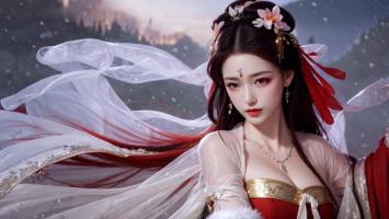 古风仙子雪中伫立，红衣飘纱如梦似幻