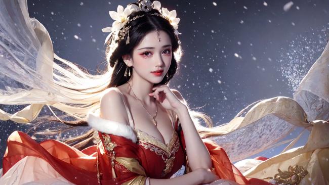 雪夜仙姬汉服写真，飘带飞扬唯美如画