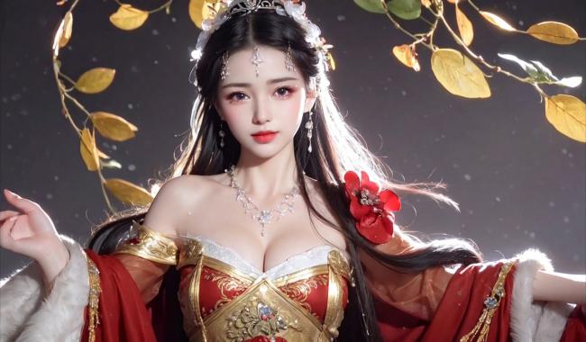 汉服美人写真：红金华服映星尘