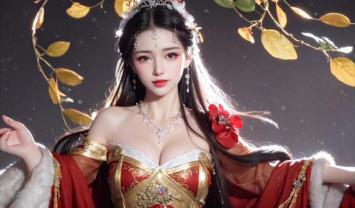 汉服美人写真：红金华服映星尘