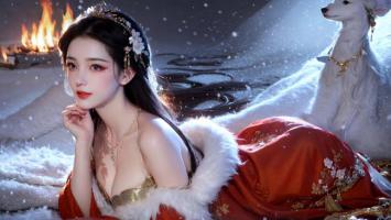 雪夜篝火旁的仙侠美人与灵兽相伴