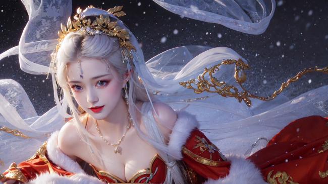 一位银发仙子身着红金相间的华丽古装，肩披白色毛绒，头戴金色叶状冠饰，颈间佩戴珍珠