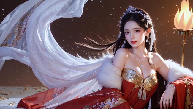 雪夜烛光中的古风仕女，华服飘逸如仙